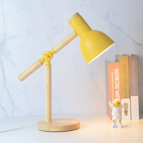 SSNCcNC Gelb, Schreibtischlampe Holzarmen Nordic Modern Tischlampe, Kinder Büro Leselampe, Retro Lesetischlampe Einfache Klassische Studierlampe Arbeitslampe Bürolampe Schlafzimmer E27