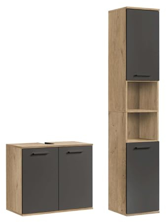 mokebo Badmöbel Set 'Der Steuermann' (2-teilig) Made in Germany, Badezimmer Set aus Holz in Sonoma Eiche Schwarz, Komplettset mit Waschbeckenunterschrank & Hochschrank, Badmöbel Garnitur