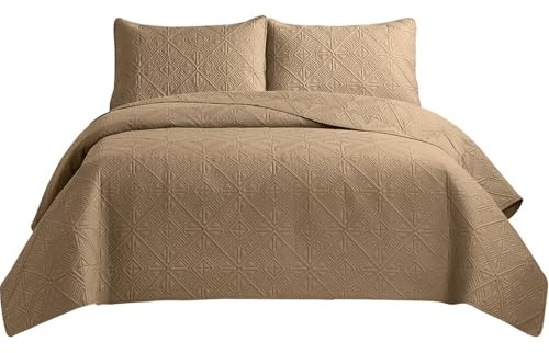 HAIBA tagesdecke 240 x 260 cm Kaffee Ultra Weiche Bett Quilt Leichte Mikrofaser Tagesdecken Bettüberwurf Moderne Bedspread mit 2 Kissenbezüg