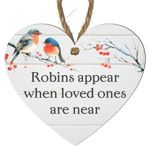 Robins Appear When Loved Ones Are Near - Heart Plaque with 4 Colour Options, Ideal for Memorial and Tribute Décor, Perfect for Christmas. (White, Small: 10 cm (H) × 9 cm (W))