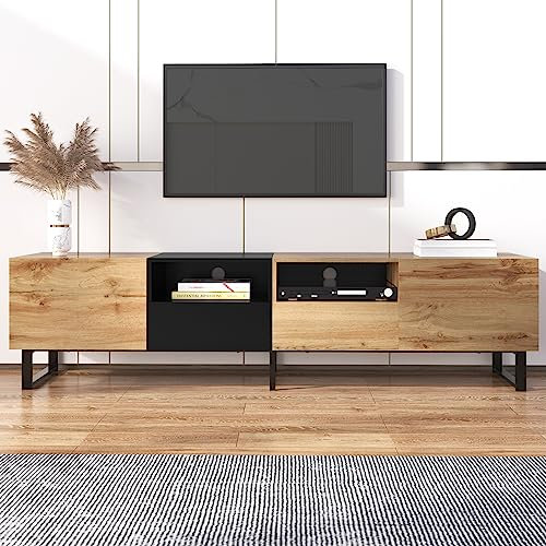 Gegtuon TV-Schrank TV Board 190 cm für Fernseher, Lowboard Fernsehtisch mit Stauraum Fächern & Schubladen, Fernsehschrank mit Türen für Wohnzimmer Schlafzimmer, 190x48x38cm (L/H/B), Schwarz + Natur