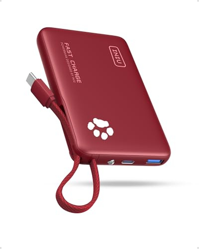 INIU 45W Power Bank, Mini-Größe 10000mAh PowerBank mit Integriertem USB-C Kabel, Schnellladen Externe Handyakkus USB C In&Out, Klein Aber Stark für iPhone 17 16 15 Xiaomi Mini Samsung, Rot