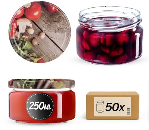 KADAX Lot de 50 petits pots à confiture avec couvercles hermétiques - 250 ml - Idéaux comme cadeau - Pour miel et épices (tomates