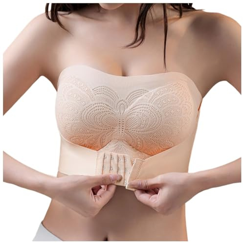 Générique Soutien-Gorge Anti-Glissant Bandeau Push Up avec Bretelles Amovibles sans Armatures Brassière Boucle Avant Réglable Élastique,Femme Minimiseur Soutien Gorge sans Bretelles (Beige, XL)