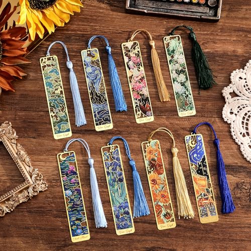icceemee 8 Pieces of Gold Hollow Bookmarks with Tassels, Featuring Van Gogh and Monet Oil Painting Themes Perfect for Book Lovers, Writers, Readers, Children, Teenagers, Men, Women, and Adults