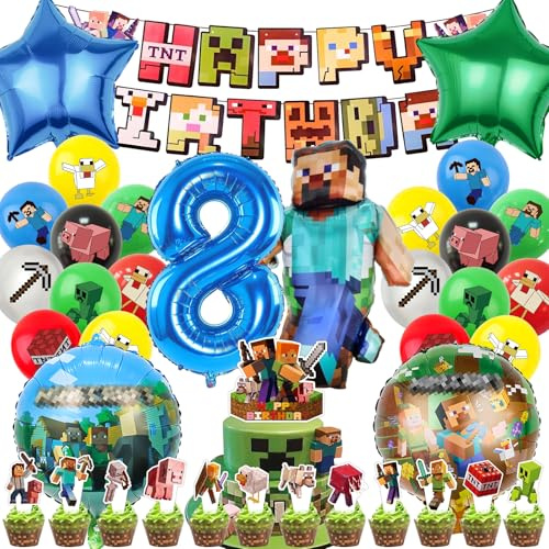 IRONIUM 48 Stück Pixe Geburtstagsdeko 8 Jahre Junge, Videospiel Luftballons Geburtstag Party Set, Party Deko Ballon Set für Kinder (8)