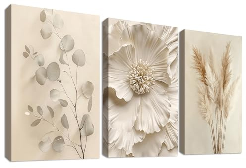 3 st väggkonst på canvas med träram Beige blommor Pampasgräs Canvas-tryck Krämfärgade eukalyptusblad Minimalistiska blommiga bilder för vardagsrummet Sovrummet Badrummet Väggdekoration 40x60 cm x3st
