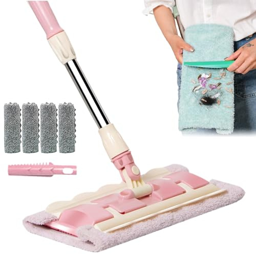 Mocio piatto per pavimenti in parquet, scopa a frange per cucina con 4 teste lavabili, include raschietto per polvere e manico regolabile a 360 gradi per la pulizia