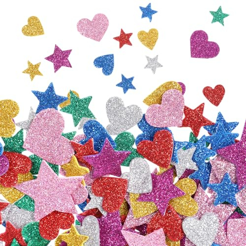 LIQWEI 480 Stück Glitter Schaumstoff Aufkleber, Schaumstoff Sticker Kinder 2 Muster Moosgummi Herz Glitter Aufkleber Selbstklebend Sternschaumaufkleber Für Fertigkeit Dekoration Kinder Wand Dekoration