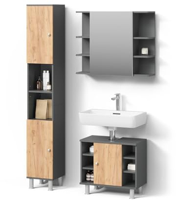 Livinity Badmöbel-Set Fucino Anthrazit/Goldkraft Eiche | 3 Teile mit Hochschrank
