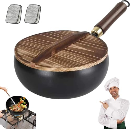 Iron Pot, Handmade Hammered Large Belly Pot, Uncoated Thick Iron Pots, Hand-Forged Non-Stick Pan with Wooden Lid/Glass Cover, Stay-Cool Handle for Cooking, Stewing (Wooden Lid,9.4in)