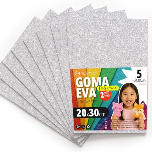 OFITURIA Fogli di Gomma Eva Glitterata per Lavoretti Creativi, Progetti Scolastici, Scrapbooking e Decorazioni Artistiche 20x30cm (Bianco Glitterato, 5 pz)