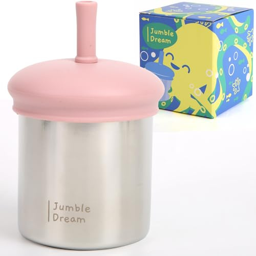Jumble Dream Stainless Steel Toddler Straw Sippy Cup 7oz – Double Wall Insulated Spill Proof with Straw & Silicone Lid – BPA Free Cup for Toddlers 1-3, 2-4 Years – Dishwasher Safe Transition Cup