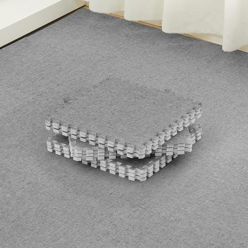 Amylove 32 Pcs Interlocking Floor Tiles Gray Cotton Jute Surface Floor Mat Non Slip Rubber Play Mat Square Carpet Soft Climbing Area Rugs for Home Playroom, 12 x 12 x 0.4 Inch