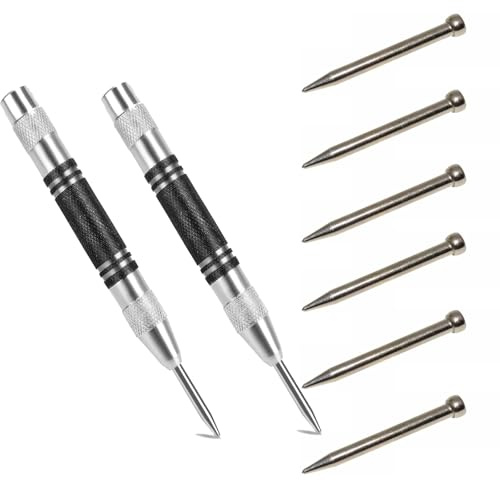 2 Pcs Automatic Center Punch, Black 5 Heavy Duty Spring Loaded Center Punch with 6 Steel Vanadium Chrome Needle, Steel Adjustable Loaded Center Hole Punch, Metal Hole Hand Push Tools