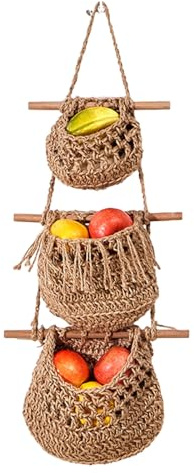 FACAIIO Corbeille à fruits à suspendre à 3 niveaux pour cuisine, salle de bain ou entrée, design en coton et bois, multicolore