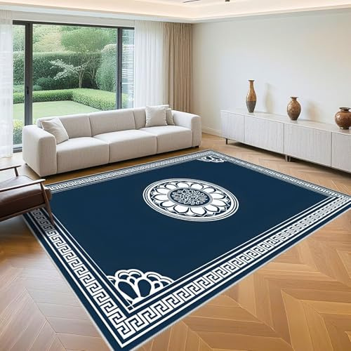 QGYFRE Büro Bodenmatte Teppiche Waschbar 160x200cm Blau Retro geometrische Muster für Wohnzimmer Webteppich