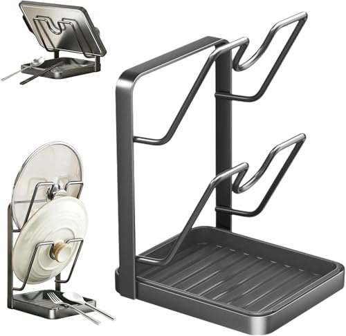 2026 Neu Küchen-Topfdeckel-Aufbewahrungsregal, Topfdeckelhalter mit Tablett, Deckelhalter beim Kochen, Deckel- und Löffelablage, Multifunktionaler Küchen-Organizer-Ständer für Herdplatte (Grau, 2)