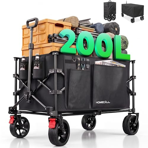 Homecall Bollerwagen Faltbar 200L, Bis 200KG mit Regenschutz, Bremsen | Strandwagen Klappbar mit Reflektorstreifen, Breite Reifen All Terrain Faltbarer Strandwagen Für Camping, Strand, Outdoor