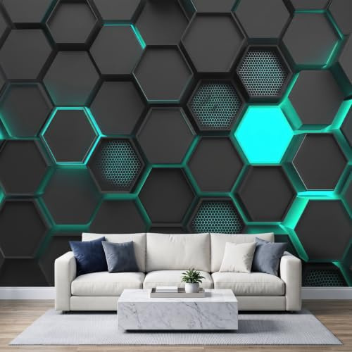 Papier Peint Panoramique Intissé 200x140cm 3D Stéréoscopique, Motif Nid Abeille Lumières Néon Adolescents Chambre Gaming Papier Peint Photo, Pour Salon Chambre Chambre D'Enfant Décoration Murale