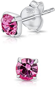DTPsilver® WINZIGE Quadratischer Ohrringe 925 Sterling Silber mit Runde Kristallen von Swarovski® Elements - Sehr KLEINE Ohrstecker - Durchmesser 4 mm - Farbe : Fuchsie