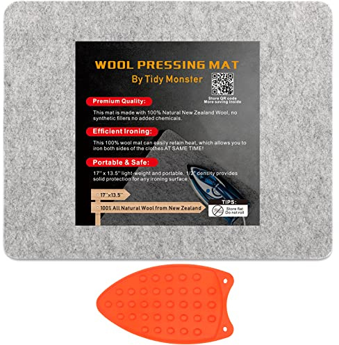 43,2 x 34,9 cm Wollpressmatte zum Quilten, 100% Wolle aus Neuseeland, tragbare Filzwoll-Bügelmatte mit Silikon-Bügelauflage