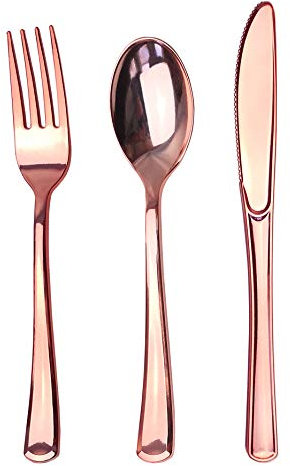JL Prime 75 Rose Gold Reusable Plastic Silverware Set, Rose Gold Plastic Cutlery Set, Heavy Duty Utensils for Party & Wedding, Rose Gold Plastic Flatware, 25 Forks, 25 Spoons, 25 Knives
