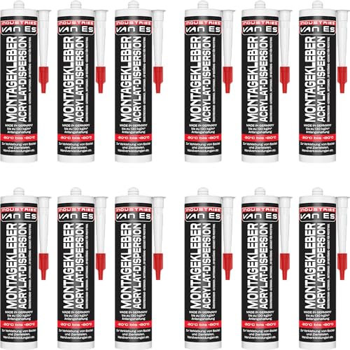 VE-INDUSTRIES 12x Montagekleber 310ml | Extra Stark haftend | 130kg/m2 | Konstruktionskleber | Styroporkleber | Baukleber | Kartusche | Made in Germany