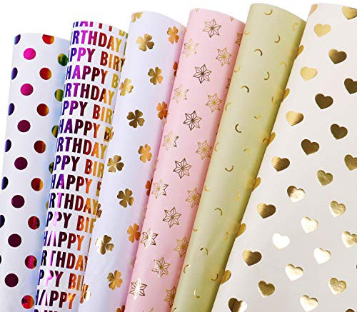 MAMUNU Geschenkpapier Set, 6 Stück Buntes Geschenkpapier Geburtstag für Kinder und Erwachsene, bunte Geschenkverpackung für Geburtstag, Kindertag, Valentinstag, Muttertag, 50 cm x 70 cm