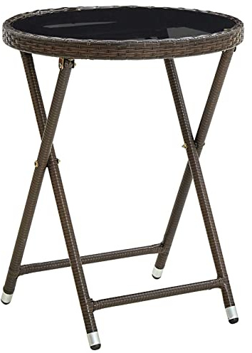 Festnight Beistelltisch Klappbaren Gartentisch Klappbar Braun 60 cm Runder Esstisch Balkontisch Rund Kleiner Gartentisch für Garten, Ihre Terrasse oder Ihren Balkon Poly Rattan und Hartglas