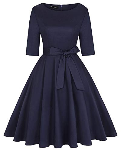 MINTLIMIT Women Vintage 1950's Solid Spring Garden Party Dress Cocktail Dress with Belt Blue M