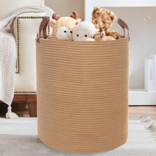 Caroeas 80L Großer Baumwollseilkorb, hohe gewebte Aufbewahrungskörbe mit Ledergriffen, Wäschekorb für Spielzeug, faltbarer Wäschekorb (41 cm (D) x 51 cm (H), Braun)