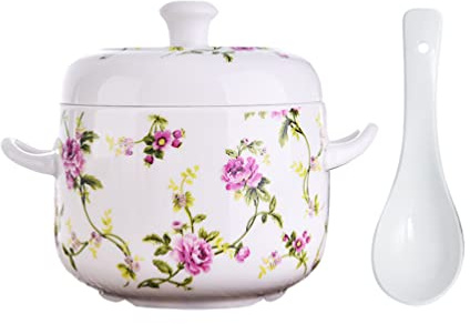 UPKOCH Ceramic Stew Pot with Lid Soup Pot with Spoon Double Ears Soup Bowl for Household Cooking Party Serving Restaurant and Hotel Use Housewarming Gift