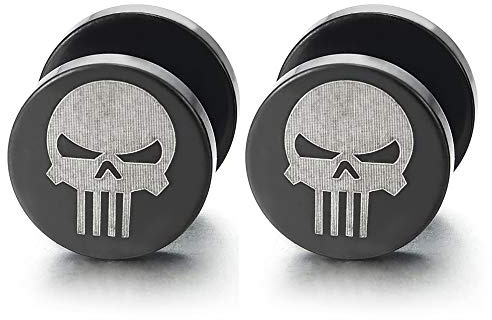 Acciaio Argento Nero Cranio Orecchini da Uomo, Finto Dilatatore Fake Cheater Plug Gauges, 1 Paio(12MM)