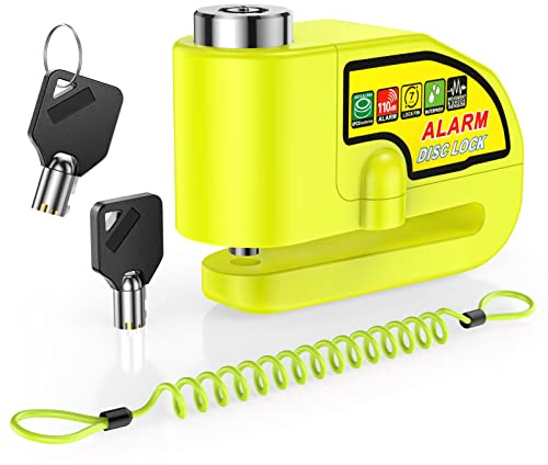 ONVIAN Motorcycle Disc Brake Lock with 120dB Alarm, Rechargeable Waterproof Motorcycle Locks Anti Theft for 7mm Motorcycle Brake Helmet Scooter Wheel Lock 5FT Reminder Cable (Lemon Yellow)
