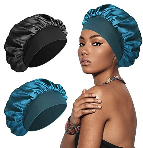 SWEET VIEW Berretto di Seta, Involucro di Seta per Capelli per Dormire, Berretto per Dormire in Raso Morbido e Confortevole, Nero, Blu Pavone