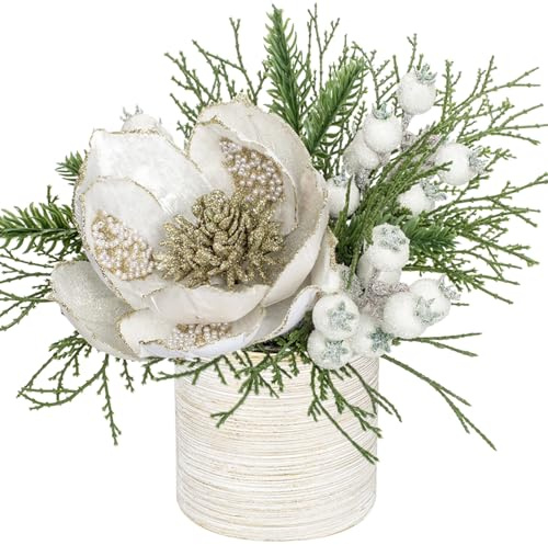 Briful Kunstpflanze Weihnachtsdeko Künstliche Pflanze Magnolie Gestecke Weihnachtsarrangement im Keramiktopf mit Tannenzweig Kugeln Berries Tannenzapfen, Dekopflanze Zimmerpflanze Tischdeko