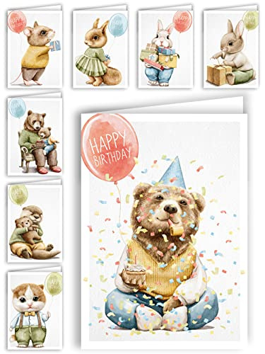 Geburtstagskarten 8er Set hochwertige Glückwunschkarten zum Geburtstag, Tierisch schön, Briefkarten mit Umschlag, Happy Birthday Karten, Grußkarte, süß niedlich, Märchen, Kindergeburtstag, Katze Bär