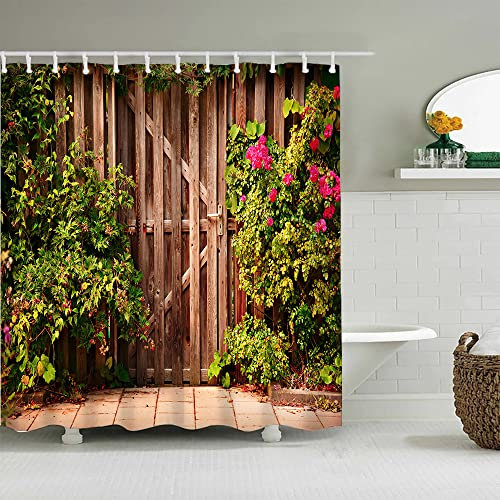 JIANGLANY Tenda da doccia per esterni, 12 ganci, in legno, per giardino, paesaggio, con immagine floreale, lavabile in lavatrice, ad asciugatura rapida, per bagno, 12 ganci