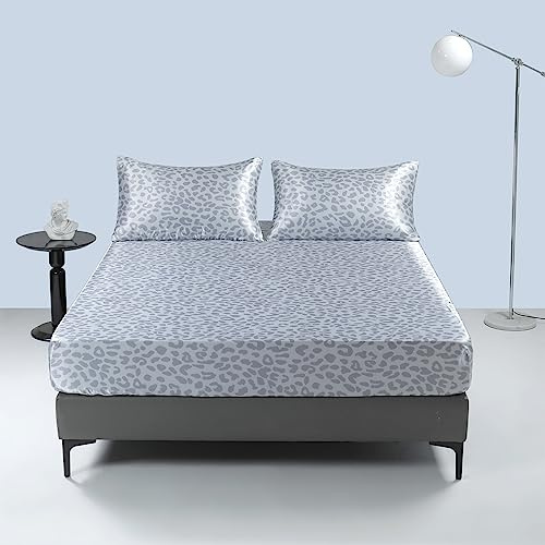Damier Satin Spannbettlaken 160x200cm Blau Leopardenmuster Seide Glänzend Spannbetttuch Hochwertiges Satin Deluxe Bettlaken, geeignet für Matratzen bis 25cm