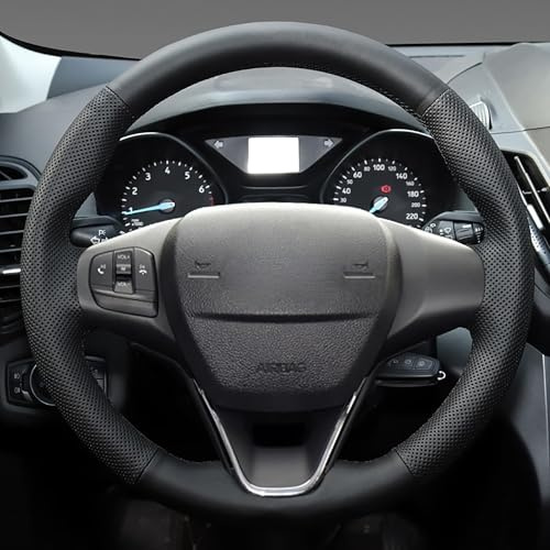Shining wheat Handgenähter schwarzer Kunstleder-Lenkradbezug für Ford Focus 4 2019 2020 Fiesta 17–19 Tourneo 2018 2019, passend für Ford Transit Custom 2018 (schwarzer Faden)
