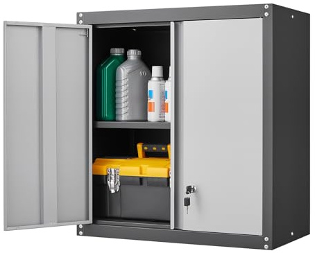 LUCYPAL Garage Wall Cabinet,Metal Wall Storage Cabinet with Adjustable Shelf and Locking Doors,Floating Utility Cabinets for Warehouse/Basement/Kitchen (Black&Grey,27.95 H)