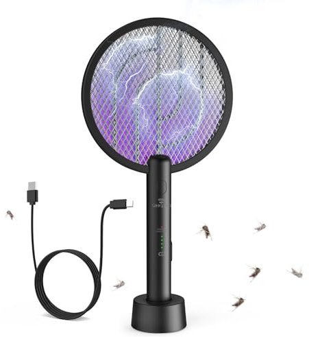 Racchetta Zanzare Elettrica, GooQand 2 in 1 Scacciamosche Elettrico E 4000V Scacciamosche Da con USB Base Di Ricarica, Insetti Scacciamosche Portatile e Lampada UV per Casa, Cucina, Interni E Esterni