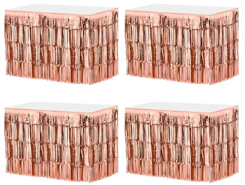 QUARKZMAN 4 Stück 29x108 Zoll Roségold Metallische Lametta-Tischröcke für rechteckige Tische Lametta-Hintergrundvorhang für Hochzeits- und Geburtstagsfeierdekoration