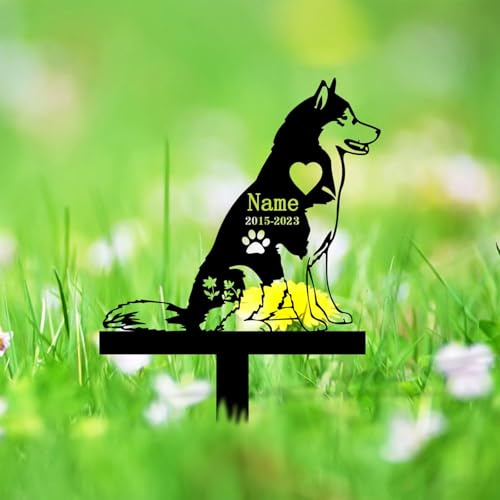 HDBMHDBM Custom Siberian Husky Memorial Metal Sign,Personalized Memorial Stake,Metal Garden Stake,Geometric Metal Stake,Outdoor Sign,Sympathy Gift,Garden Yard Lawn Cemetery Decor, Black