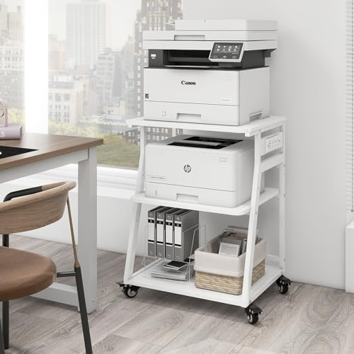 Natwind 23.6x19.7 Large Printer Stand,3 Tier Printer Table with Charging Station, Rolling Cart with Adjustable Storage Shelf for Home Office Organization, Stand for Heat Press,3D Printer (White)
