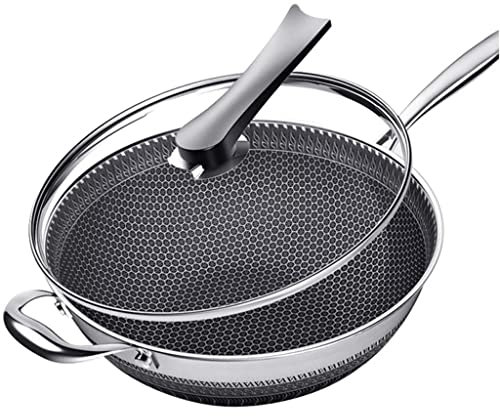 TVSKWMRQ Double-Sided Screen Honeycomb Stainless Steel Wok Without Oil Smoke Frying Pan Pan Non-Stick Cookware Kitchen Cooking Pot (Size : 32cm) ()