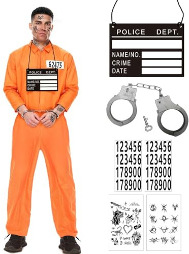 WELLXUNK Costume Carcerato Uomo, costume Prigioniero con Manette, Costume Carcerato Halloween, Tuta Carcerato Arancione, Criminale Cosplay Vestiti per Carnevale Halloween Cosplay