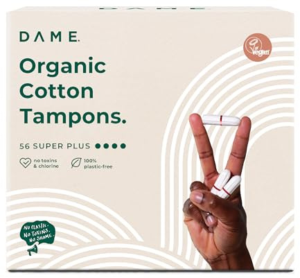 DAME – Toxin-Free Tampons (Super Plus - 56) | 100% Organic Cotton & Natural Period Protection | Plastic-Free, Hypoallergenic, Biodegradable | High Absorbency, Non-Applicator Tampons for Heavy Flow
