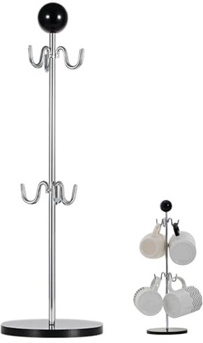 Pasdrucn Tassenhalter Stehend, Baumbecherhalter Kaffeetassenregal Mit 6 Haken, Kaffeebecherhalter, Kaffeetassenständer, Edelstahl Tassenhalter Mit 6 Stangen Zum Hinstellen (Schwarz)
